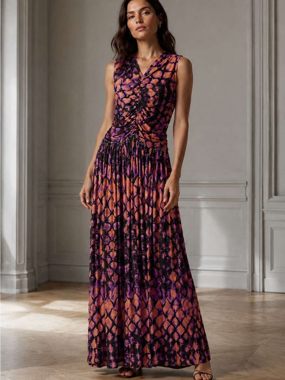 Ulla Johnson Purple and Peach Printed Sleeveless Maxi Dress